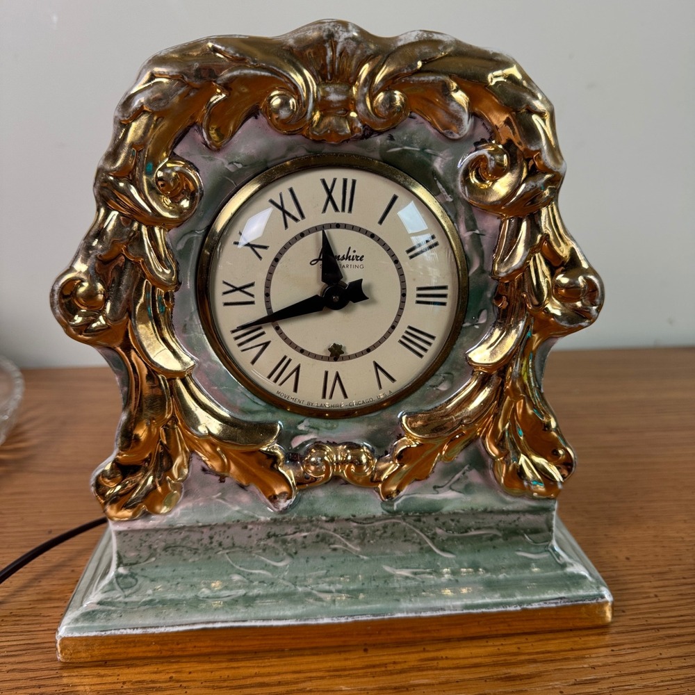 Lanshire Self Starting Mantle Clock Blue Marble‎ Gold Trim Ceramic